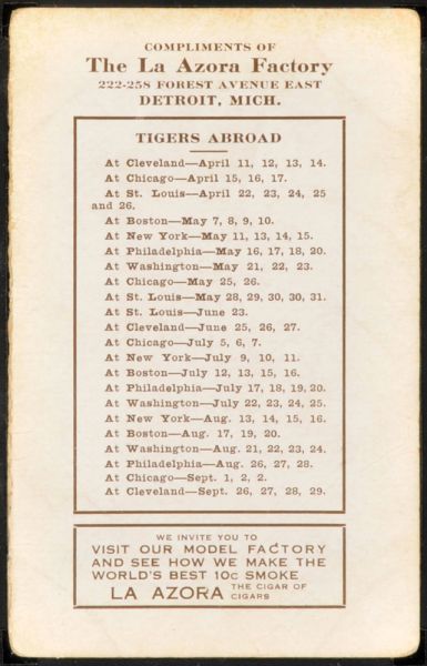 BCK 1912 La Azora Cigars Tigers Road Schedule.jpg